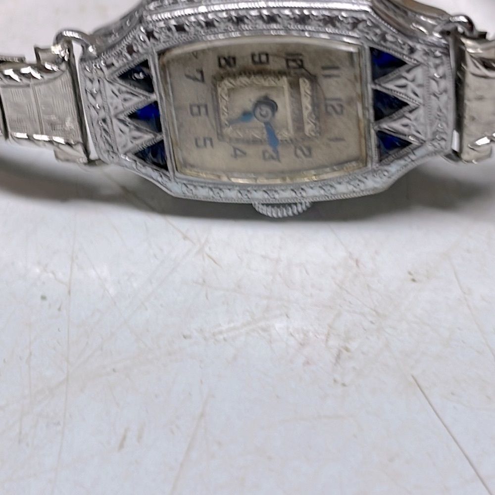 Sapphire and Diamond Encrusted 1950’s Silver Art Deco Watch